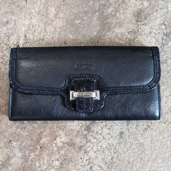 Coach Handbags - Coach Black Leather Continental Wallet with Silver Hardware